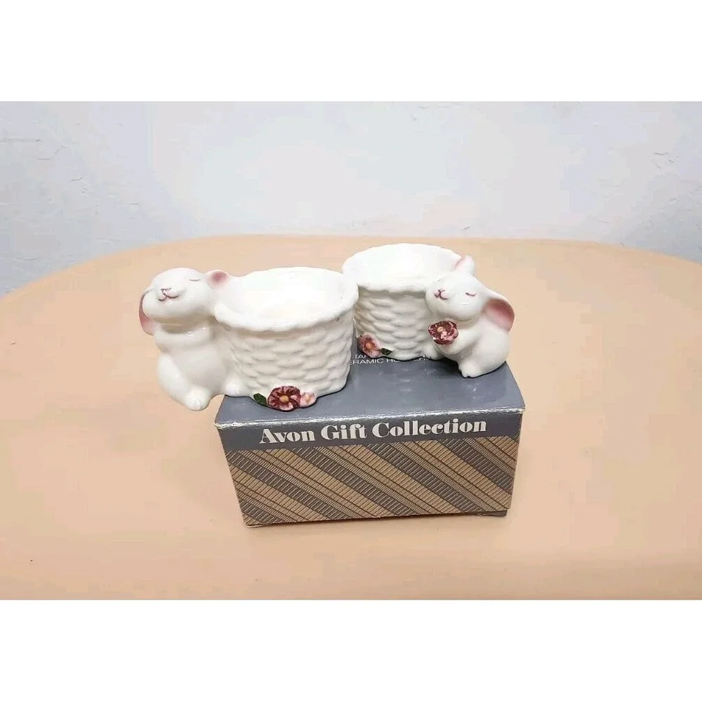 Vintage 1982 Avon Set Of 2 Ceramic Bunny Taper Holders.‎ Made In Brazil